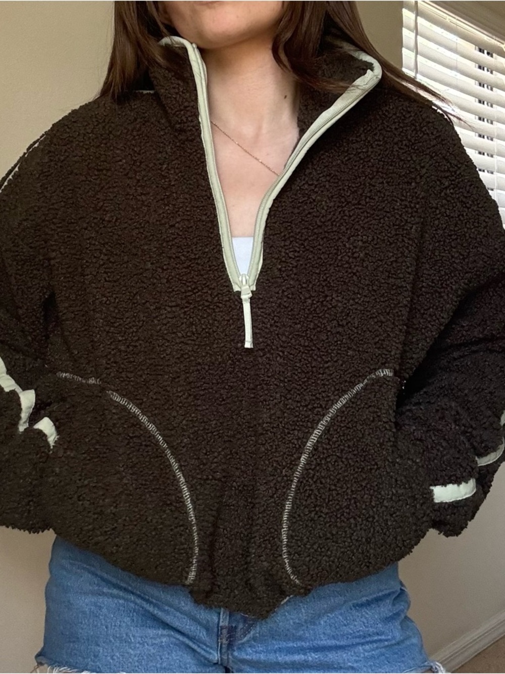 Old Navy Dark Brown Sherpa Half-Zip Jacket with Cream Trim